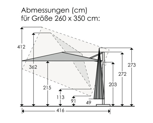Abmessungen eines Sonnenschirms in Zentimetern für die Größe 260 mal 350 Zentimeter.