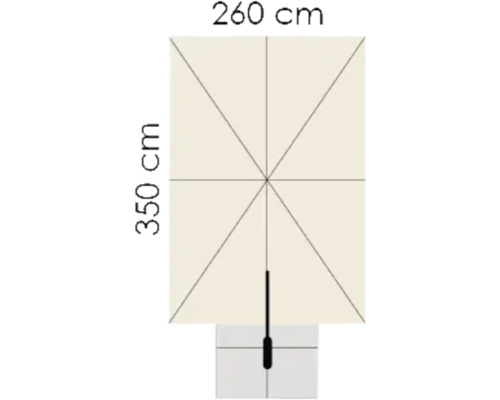 Skizze einer Sonnenschirmhusse mit Maßen 260 mal 350 Zentimeter