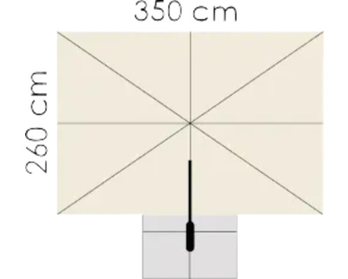 Diagramm einer rechteckigen Markise mit den Maßen 350 cm mal 260 cm