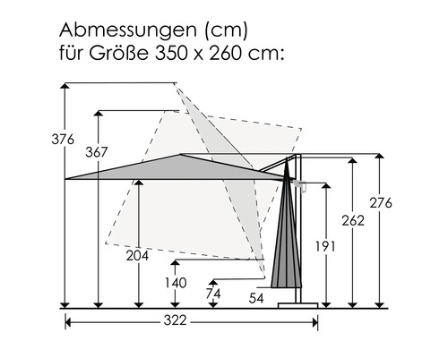 Maße Sonnenschirm Größe 350 x 260 Zentimeter