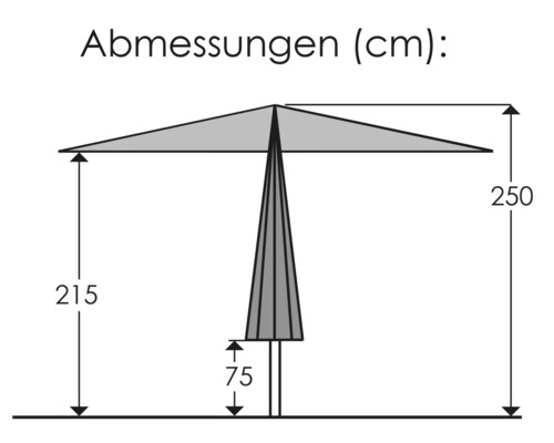 Abbildung mit den Maßen eines Sonnenschirms in Zentimetern