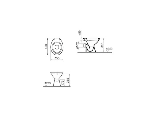 Technische Zeichnung eines WCs mit Bemaßung