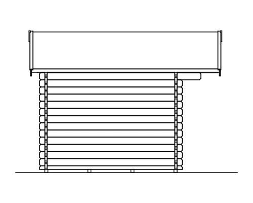 Illustration eines Gerätehauses in Blockbohlenbauweise.