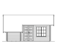 Illustration eines Gartenhauses mit Doppeltür und Fenster.