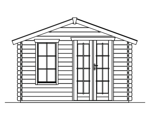 Skizze eines Gartenhauses mit Fenster und Doppeltür