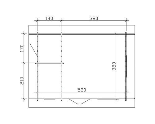 Technische Zeichnung eines Gartenhauses mit Maßangaben