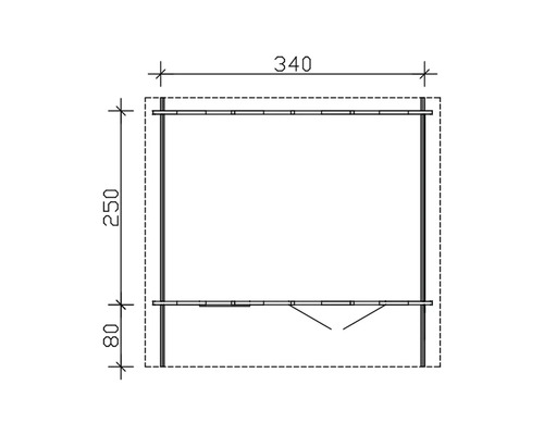 Technische Zeichnung eines Gartenhauses mit den Maßen 340 mal 250 mal 80 cm.