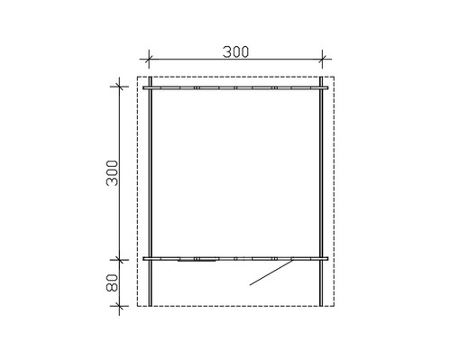 Technische Zeichnung eines Metallregals mit den Maßen 300 x 300 x 80