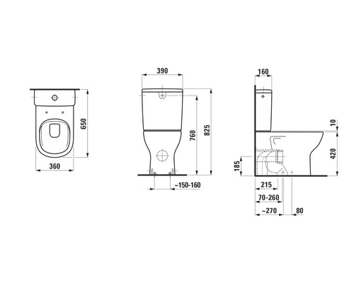 Technische Zeichnung eines Stand-WCs mit Maßangaben