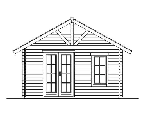 Illustration eines Gartenhauses mit Doppeltür und Fenster