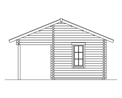 Zeichnung eines Gartenhauses mit seitlichem Carport und Fenster