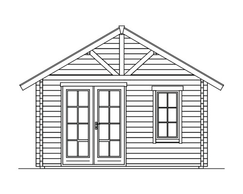Illustration eines Gartenhauses mit Doppeltür und Fenster