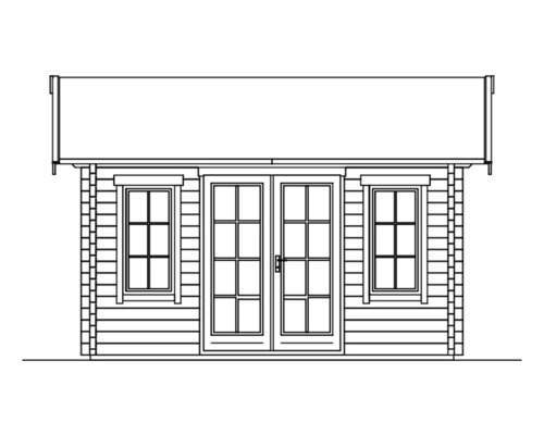 Illustration eines Gartenhauses mit Doppeltür und Fenstern