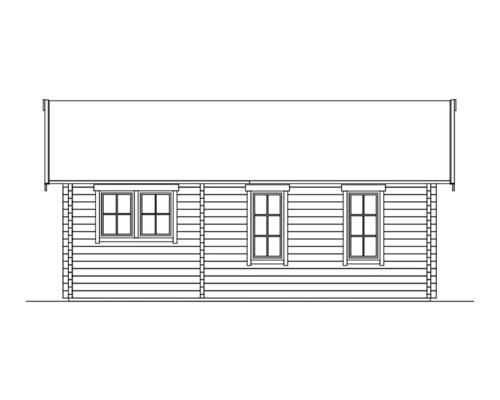 Draufsicht eines Gartenhauses mit drei Fenstern und horizontaler Holzverkleidung