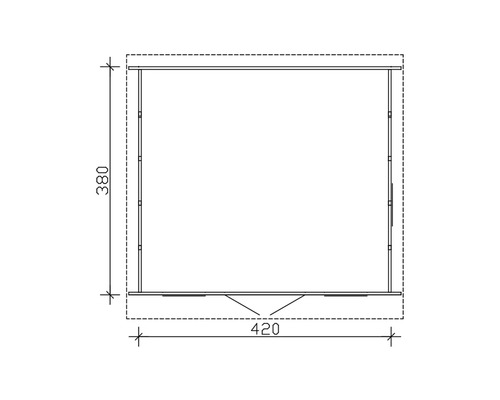 Grundrisszeichnung eines Gartenhauses mit den Maßen 420 mal 380 Zentimeter