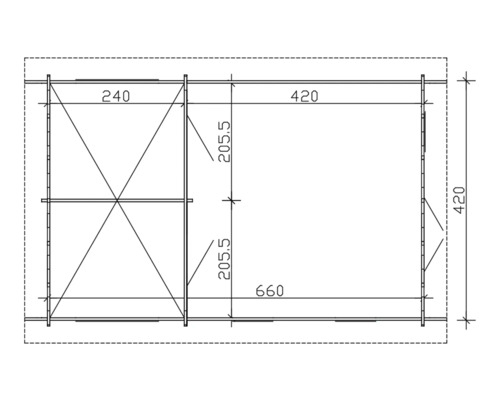 Technische Zeichnung mit Maßen eines Gartenhauses