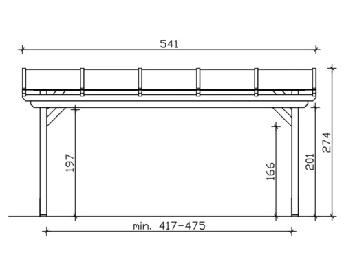 Technische Zeichnung eines Carports mit Maßangaben