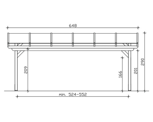 Technische Zeichnung eines Carports mit Maßangaben