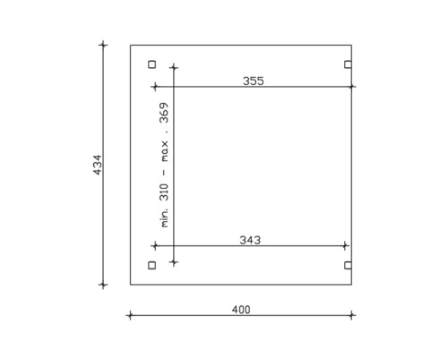Technische Zeichnung mit Maßangaben: 434, 400, 355, 343, minimal 310 bis maximal 369.