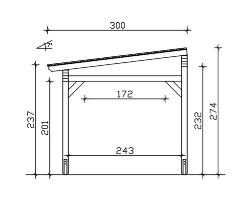 Technische Zeichnung eines Carports mit Maßangaben.