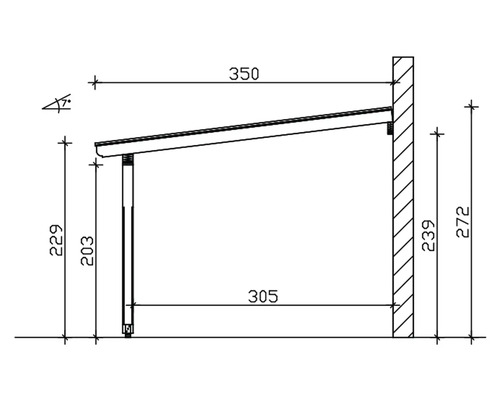 Technische Zeichnung eines Unterstandes mit Maßangaben.