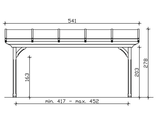 Technische Zeichnung eines Holzunterstandes mit Maßangaben