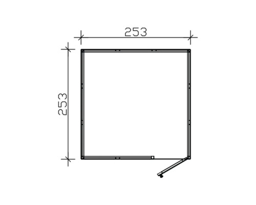 Grundrisszeichnung eines Gerätehauses mit den Maßen 253 mal 253 Zentimeter