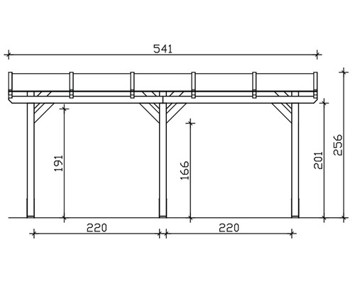 Technische Zeichnung eines Carports mit Maßangaben.