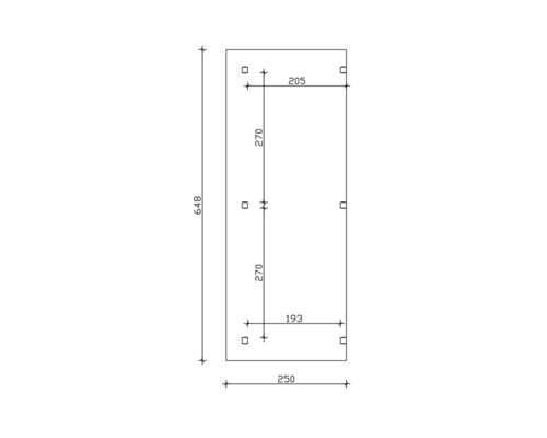 Technische Zeichnung mit Maßangaben für ein rechteckiges Objekt: 648 mm hoch, 250 mm breit, obere Breite 205 mm, untere Breite 193 mm, Abstand zwischen den Befestigungslöchern 270 mm.