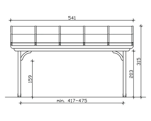 Technische Zeichnung einer Holzpergola mit Maßangaben.