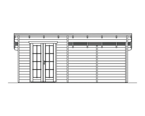 Illustration eines Gartenhauses mit Doppeltür und seitlichem Fenster