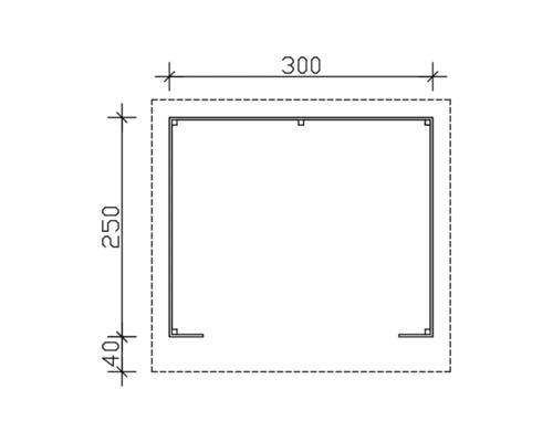 Technische Zeichnung eines Metallprofils mit den Maßen 300 mal 250 Millimeter.