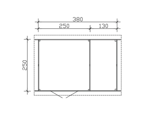 Technische Zeichnung eines Gerätehauses mit den Maßen 380 x 250 x 250 cm