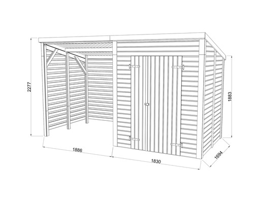 Technische Zeichnung eines Gerätehauses mit Abmessungen