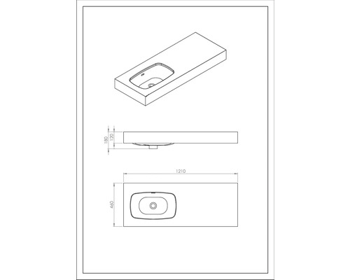 Technische Zeichnung eines Waschtischs mit Maßen.