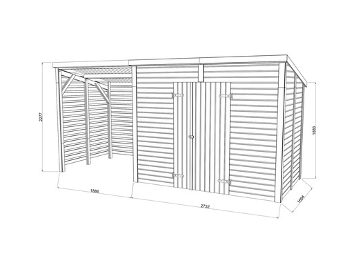 Technische Zeichnung eines Gerätehauses mit Abmessungen.