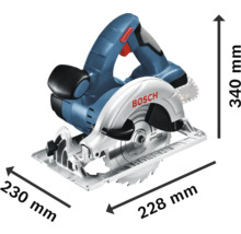 Bosch Akku-Handkreissäge mit den Maßen 340 mm Höhe, 230 mm Breite und 228 mm Länge.