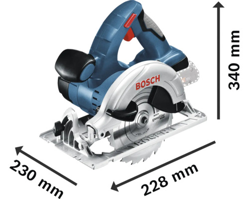 Bosch Akku-Handkreissäge mit den Maßen 340 mm Höhe, 230 mm Breite und 228 mm Länge.