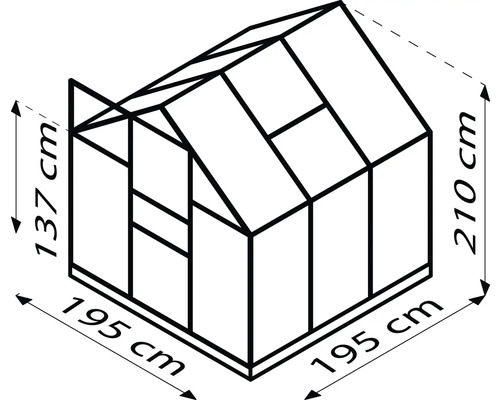 Abbildung eines Gewächshauses mit den Maßen 195 cm Breite, 137 cm Seitenhöhe und 210 cm Gesamthöhe.
