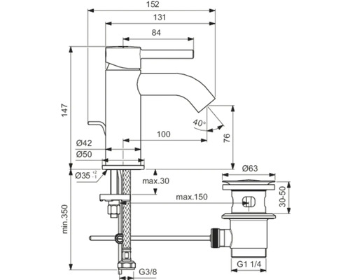 Technische Zeichnung eines Wasserhahns mit Abmessungen