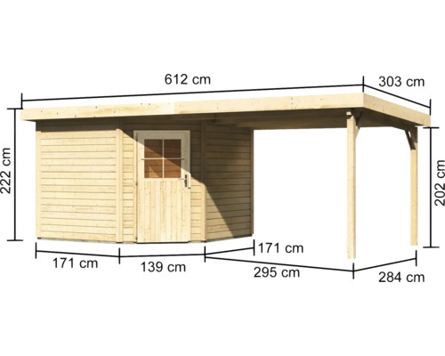 Abmessungen eines Gartenhauses aus Holz mit Anbau