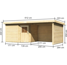 Holzgartenhaus mit Maßangaben