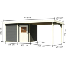 Abbildung eines Gartenhauses mit Carport und Maßangaben