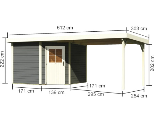 Abbildung eines Gartenhauses mit Carport und Maßangaben