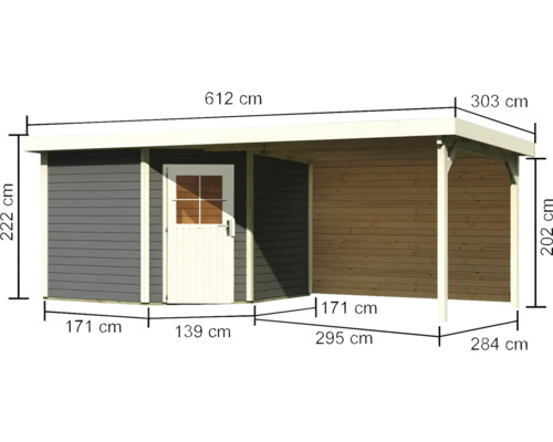 Illustration eines Gartenhauses aus Holz mit Maßen