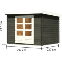 Gartenhaus aus Holz mit Doppeltür und Maßangaben 217 cm x 297 cm x 237 cm