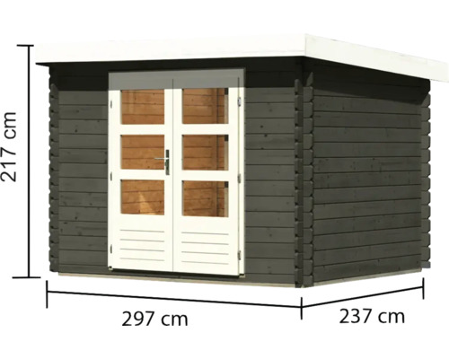Gartenhaus aus Holz mit Doppeltür und Maßangaben 217 cm x 297 cm x 237 cm