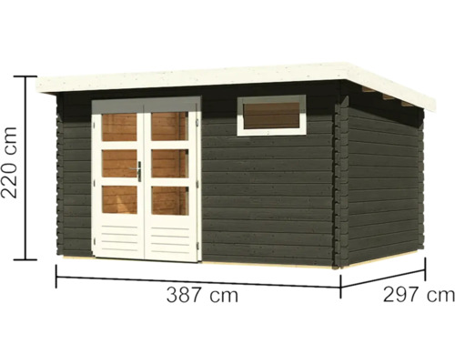 Holzgartenhaus mit Fenster und Doppeltür, Maße 387 cm x 297 cm x 220 cm