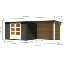 Abbildung eines Gartenhauses mit Terrasse und Maßangaben.