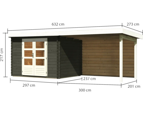 Abbildung eines Gartenhauses mit Terrasse und Maßangaben.